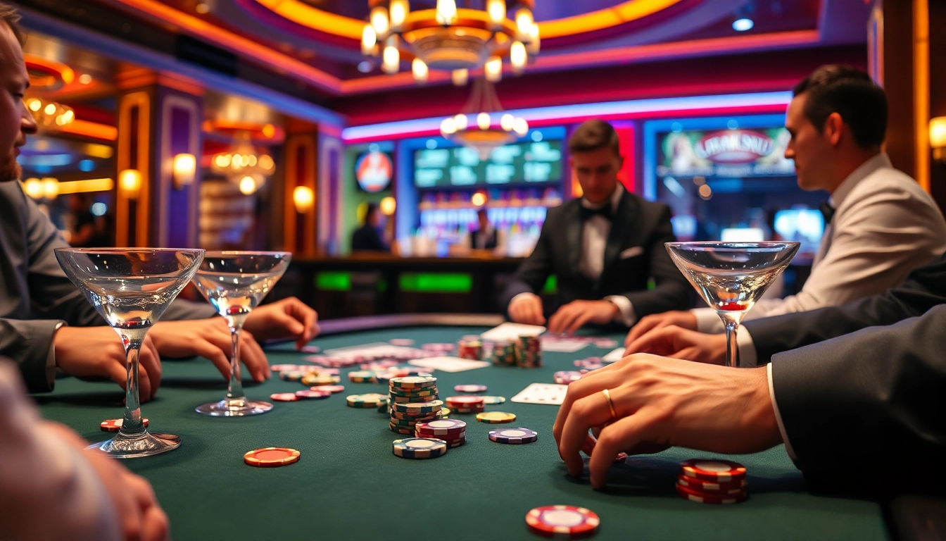 Bermain di meja poker dengan interwin official dalam suasana kasino yang ramai.