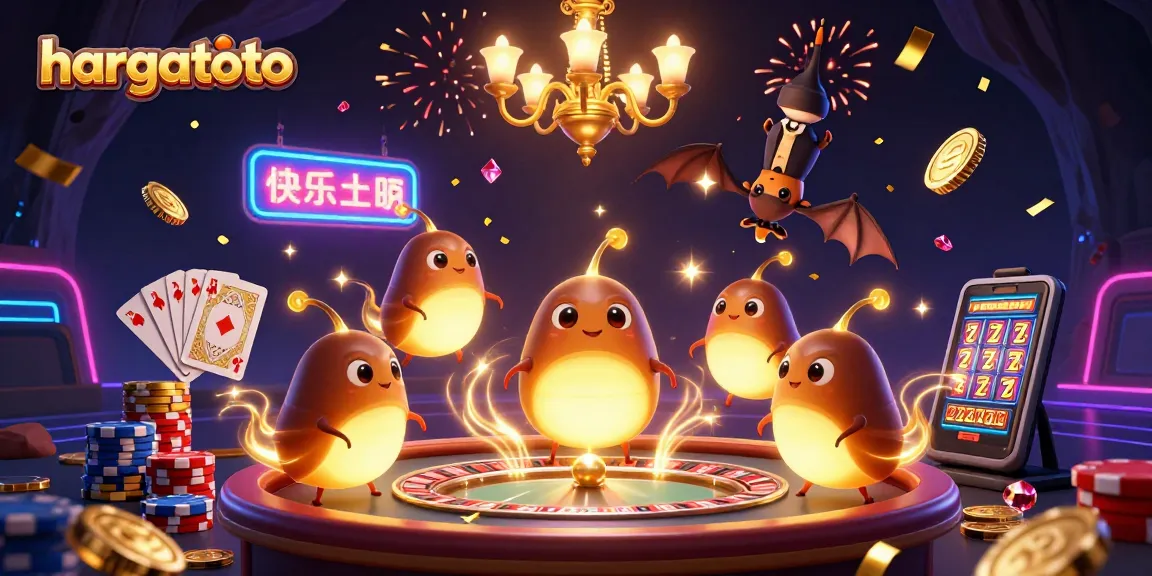 Experience thrilling gaming with hargatoto's interactive casino scene illuminated by glowworms, featuring exciting slot and table games.