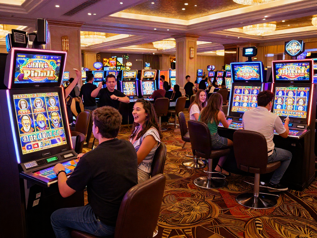 Exciting casino scene featuring players engaging with slot bonus games amidst vibrant lights and cheers.