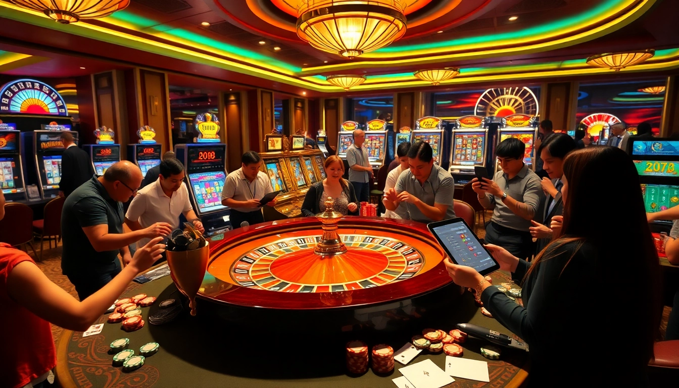 A dynamic scene capturing gamblers at the ev88 casino tables, immersed in game excitement with luxury and thrill.