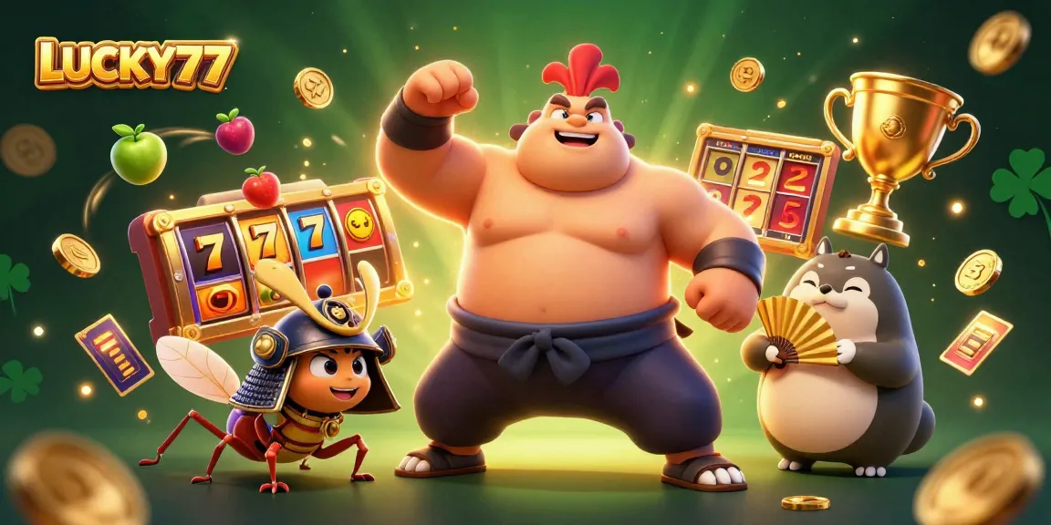 Experience the thrill with LUCKY77, where vibrant 3D illustrations showcase engaging casino elements.