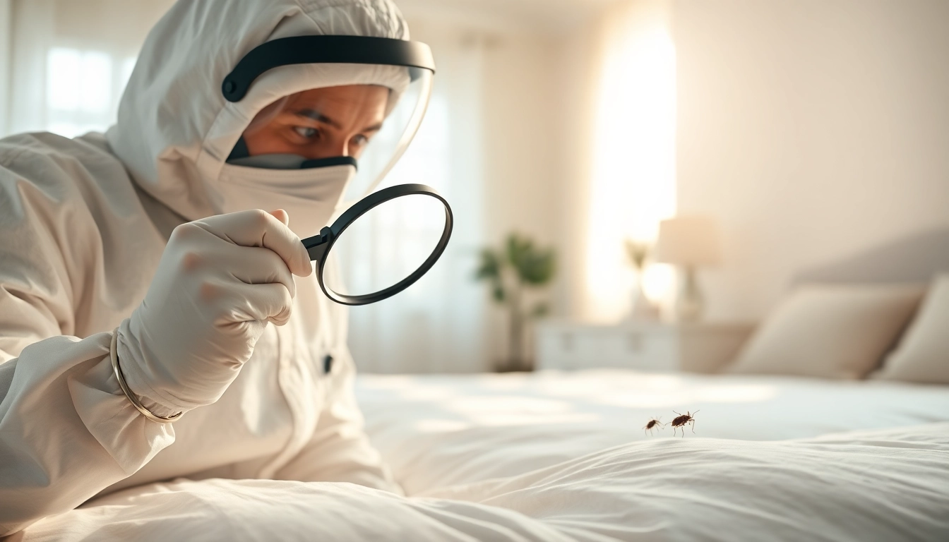 Inspecting for bed bug exterminator cost in a clean, well-lit bedroom.