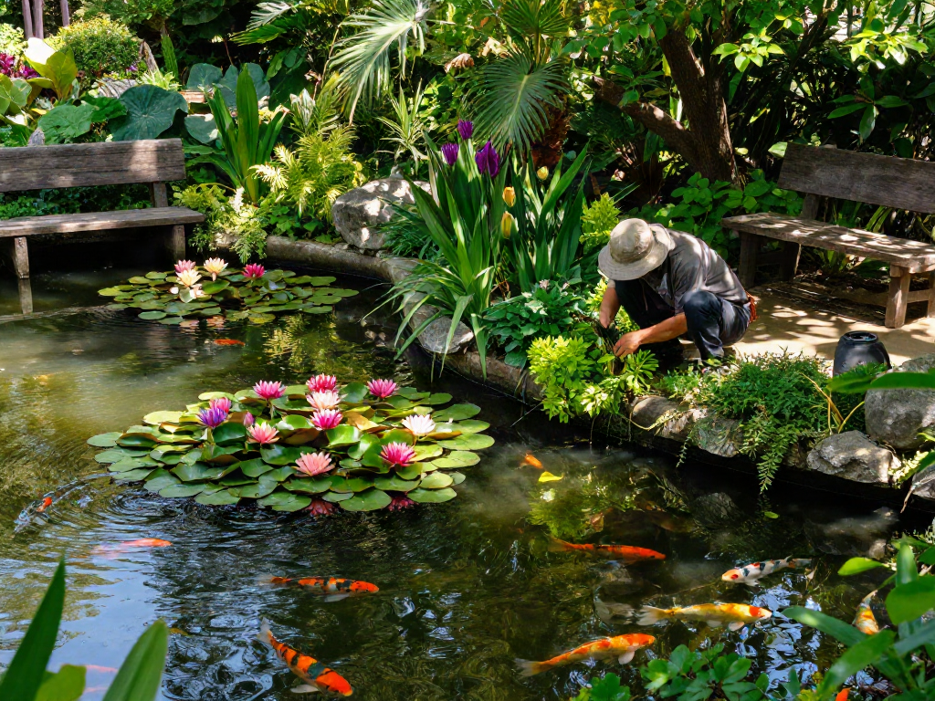 Buy water lilies in a serene garden pond setting with colorful blooms and a gardener tending to plants.