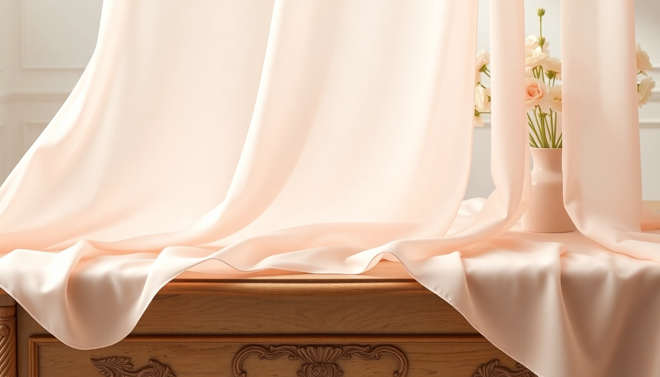 Een prachtige chiffon stof die sierlijk over een tafel valt en zijn delicate textuur toont.