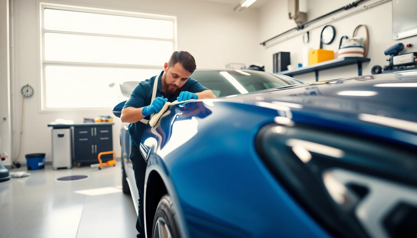 Expert car detailing Chattanooga highlighting a technician polishing a vehicle in a bright garage.