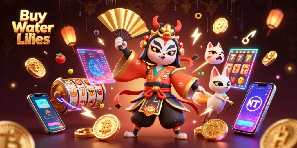 Buy Water Lilies among vibrant casino elements, featuring kabuki warrior and neon coins.