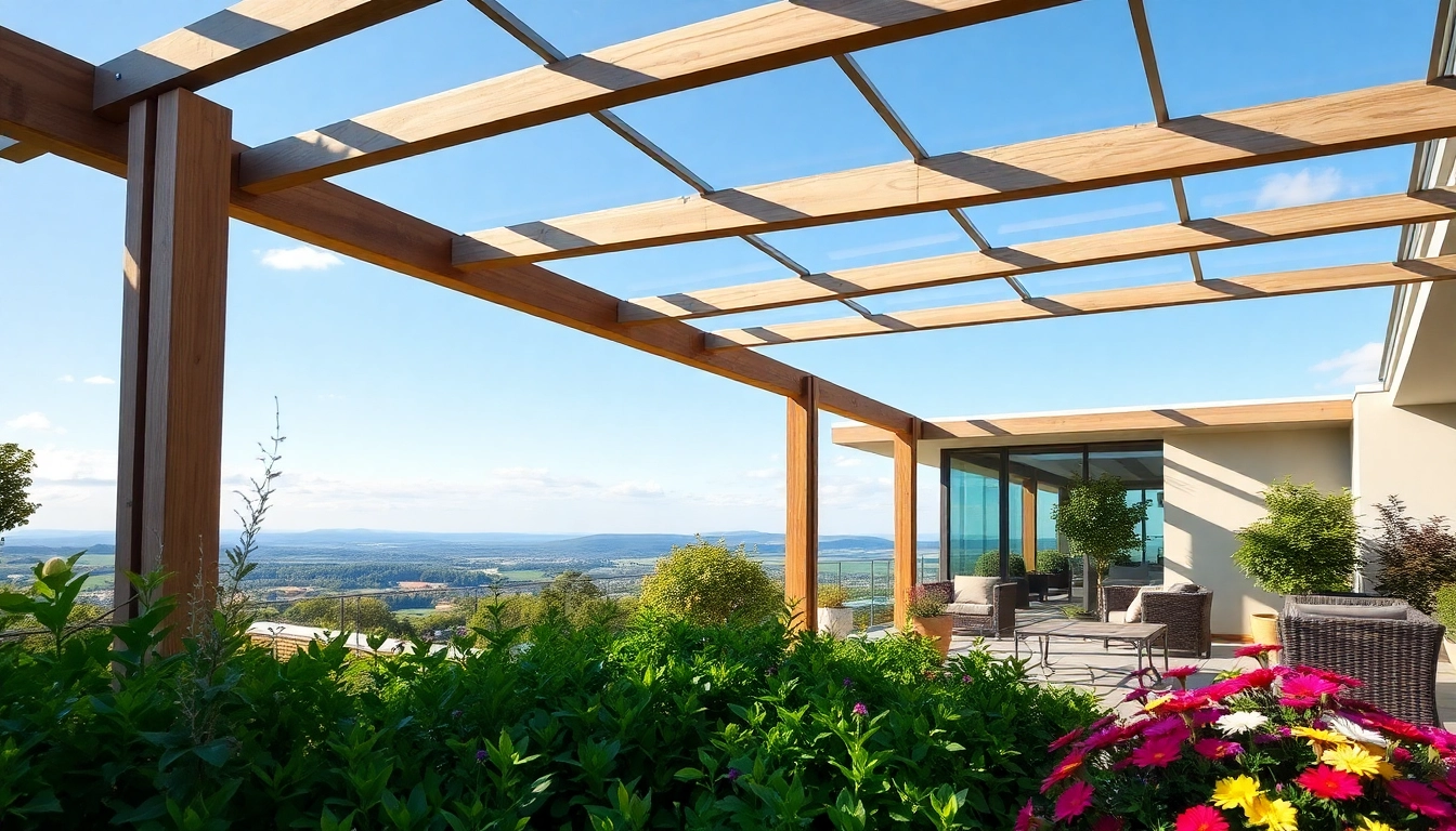 Terrassenueberdachung Ungarn mit eleganter Pergola und bluehendem Garten.