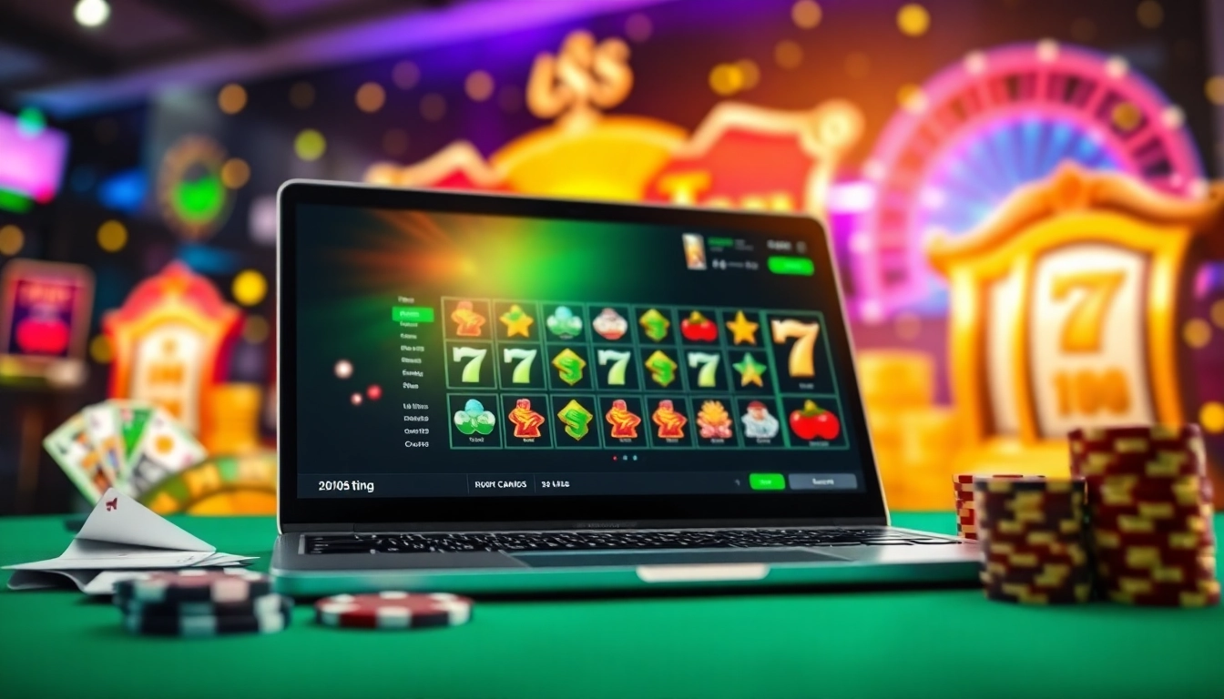 Slot deposit 1000 menawarkan visual menarik di kasino online dengan lampu dan chip poker.