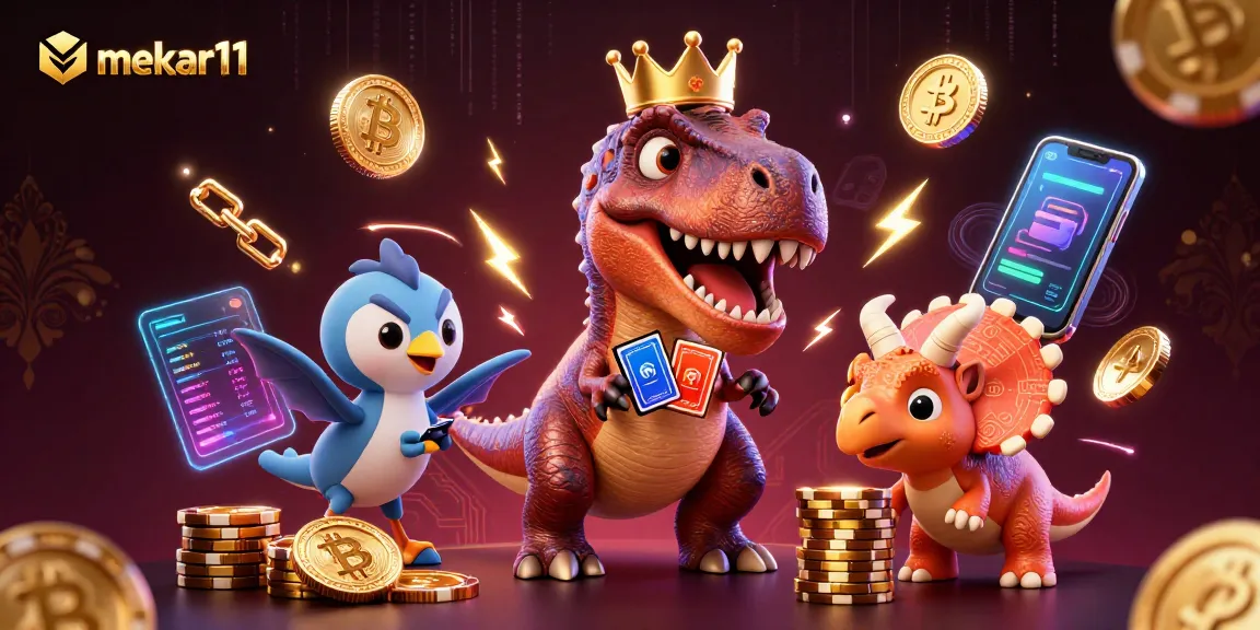Play with mekar11's vibrant crypto-themed characters in an exciting casino scene.