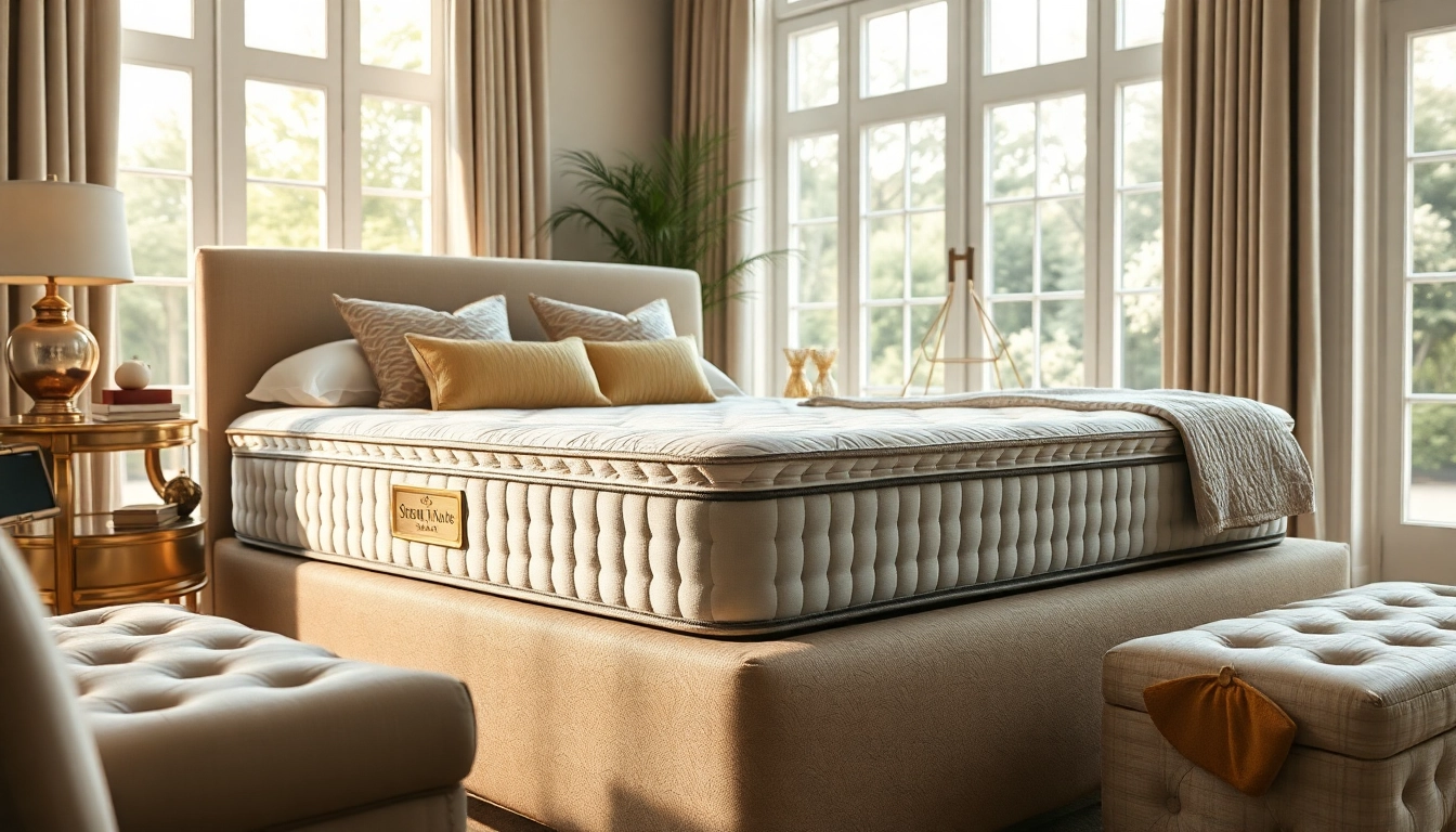 Showcasing Stearns & Foster box spring in a luxurious bedroom setting with warm lighting and elegant decor.