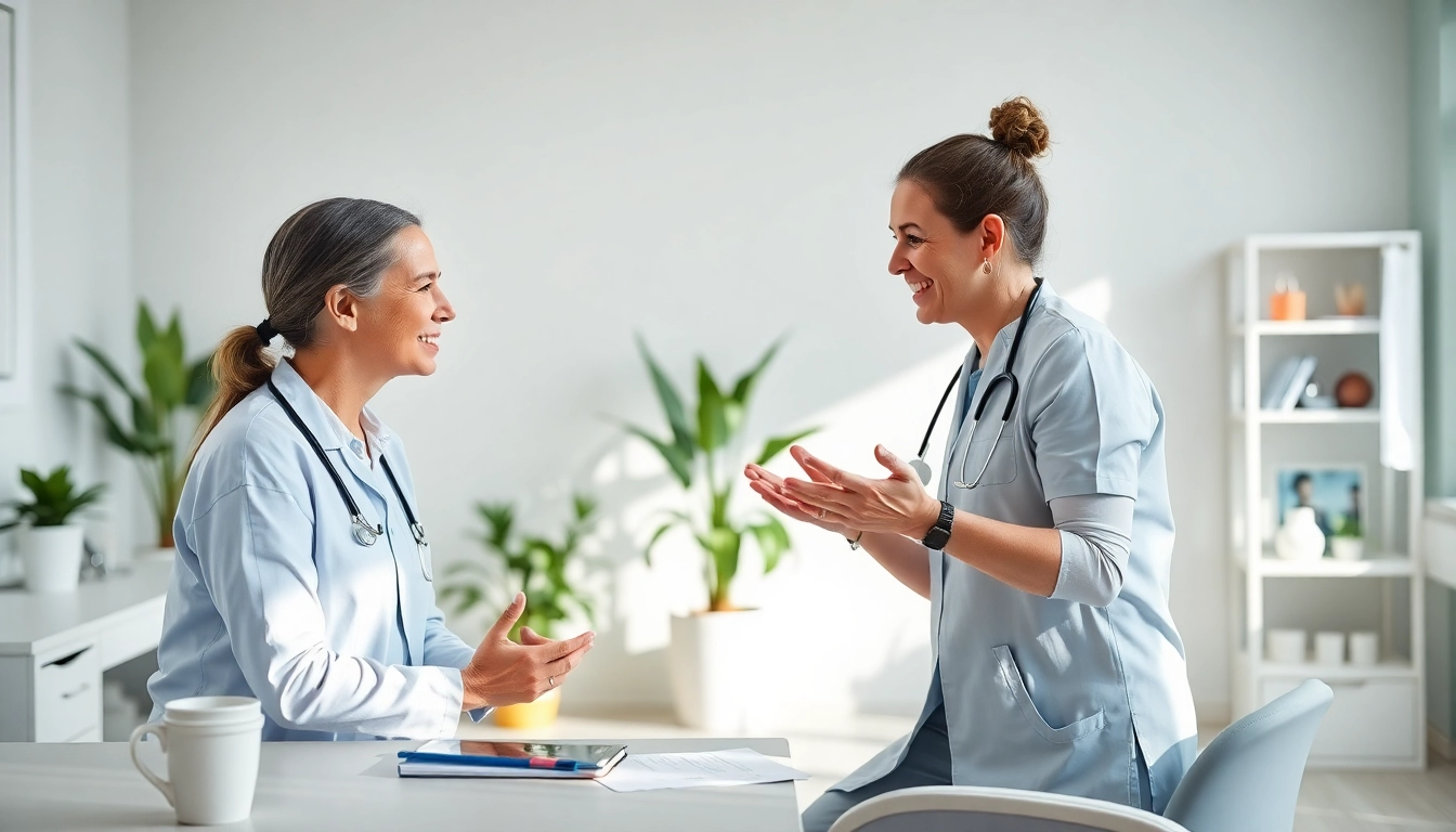 Enhance Physical Therapy Marketing by showcasing a therapist engaging with patients in a bright clinic.
