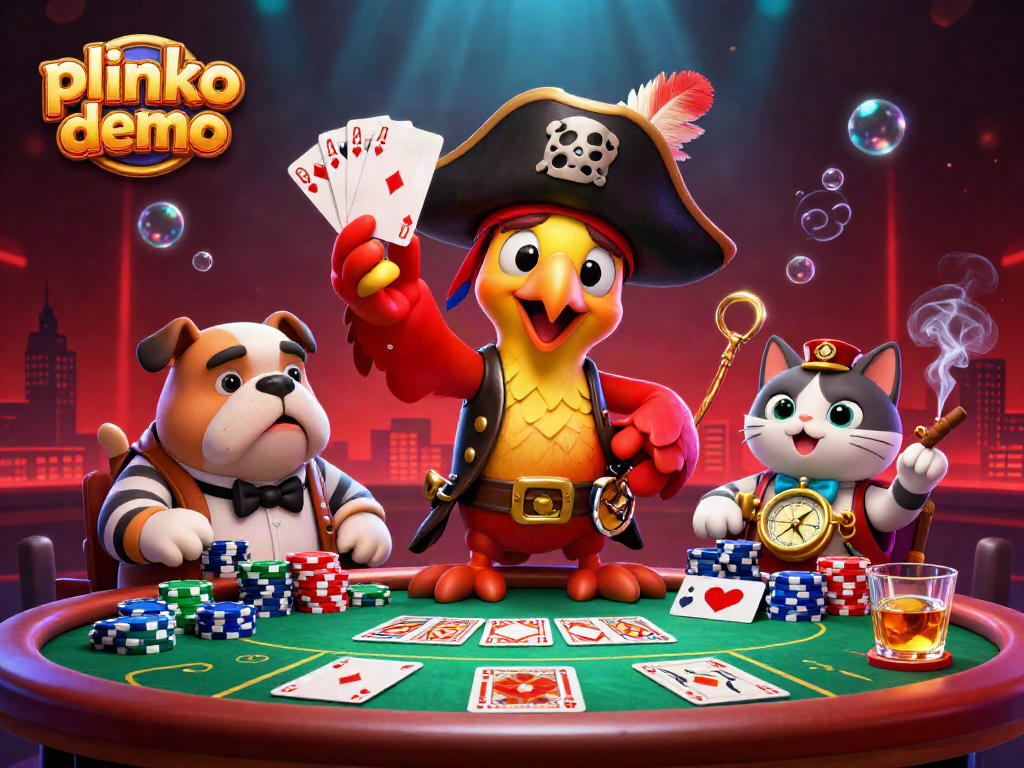 Experience the thrill of plinko demo in a vibrant casino scene featuring a pirate captain, bulldog, and ship's cat.