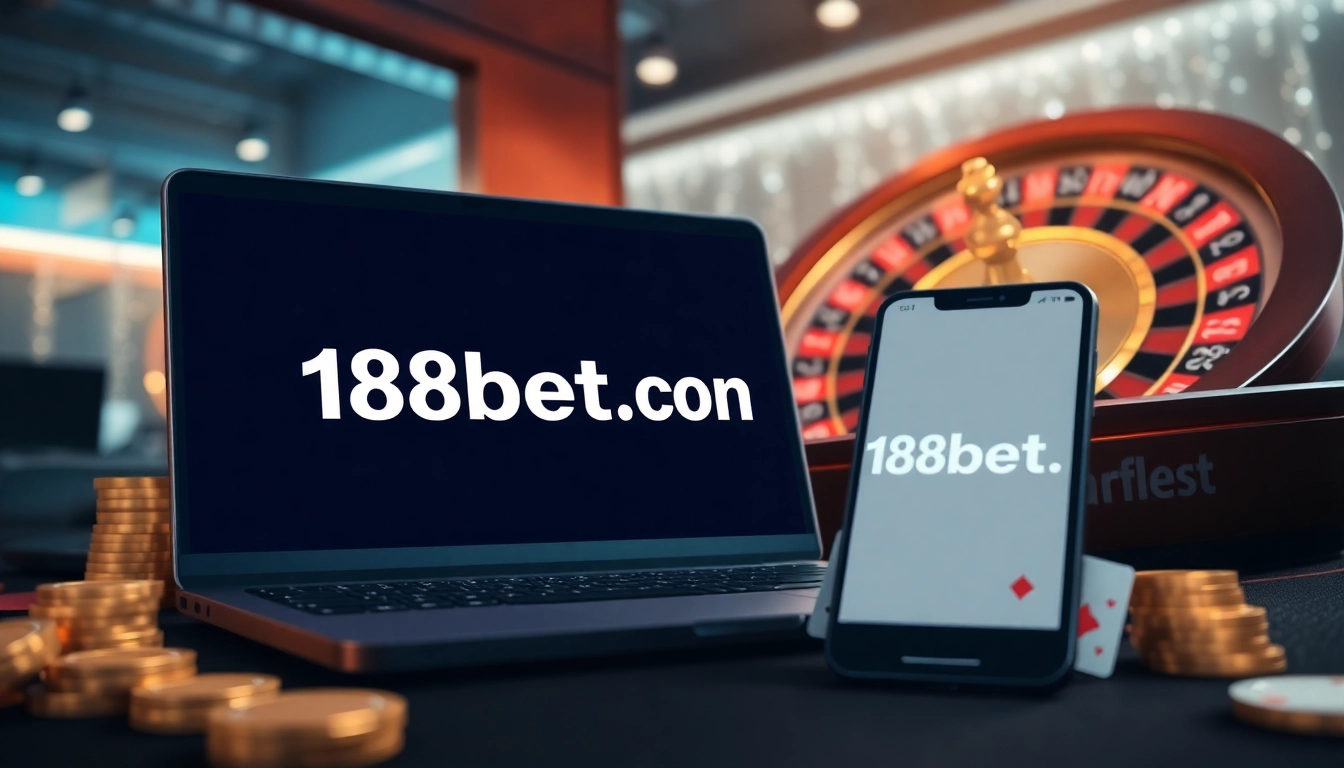Engaging gamblers with the 188bet link showcased on modern devices amidst a glamorous casino backdrop.