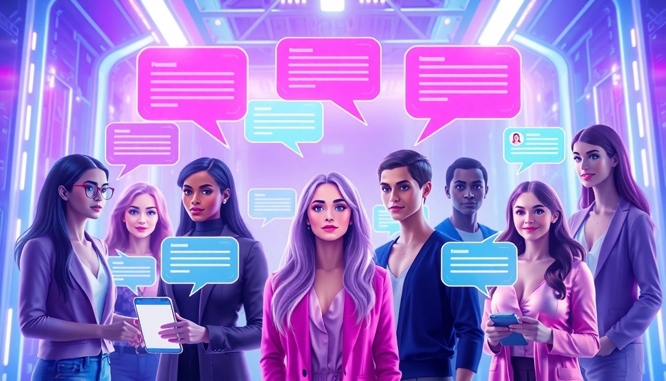 AI girlfriend characters displayed on a high-tech digital interface with vibrant colors and chat interactions.