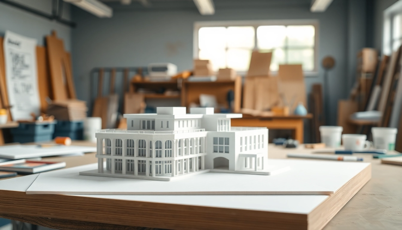 Das architekturmodellbau Münster zeigt ein präzises architektonisches Modell in einer kreativen Werkstattumgebung.