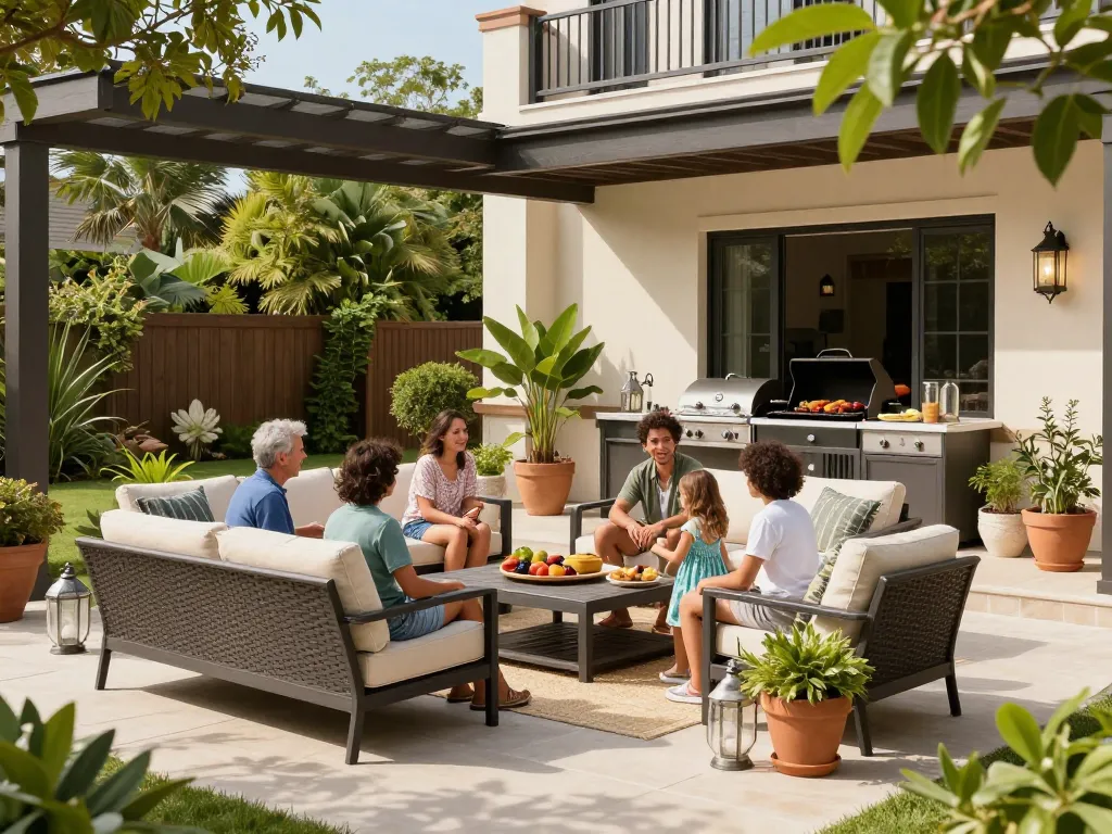 Outdoor living configurator in action with a family enjoying a stylish patio setup surrounded by greenery.