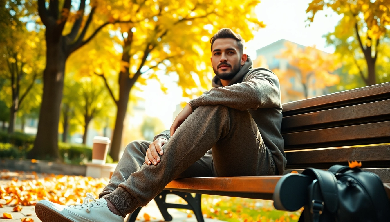 Model showcasing chic french terry sweatpants in a serene park setting.