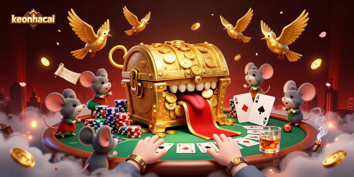 Experience thrilling keonhacai action as mice are lured by a golden treasure chest amid vibrant poker elements.