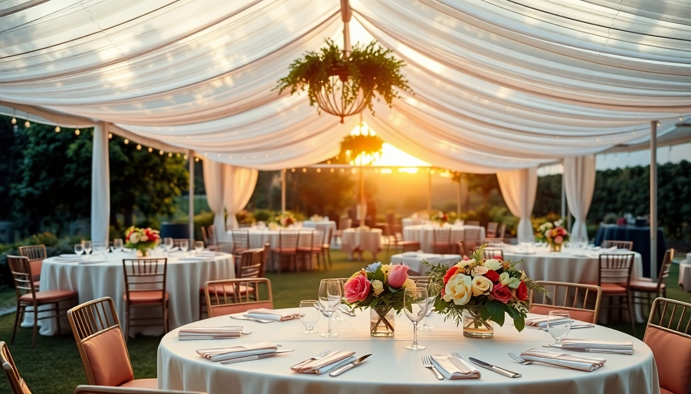 View of tent rentals arranged elegantly for a wedding, showcasing tables and decor.