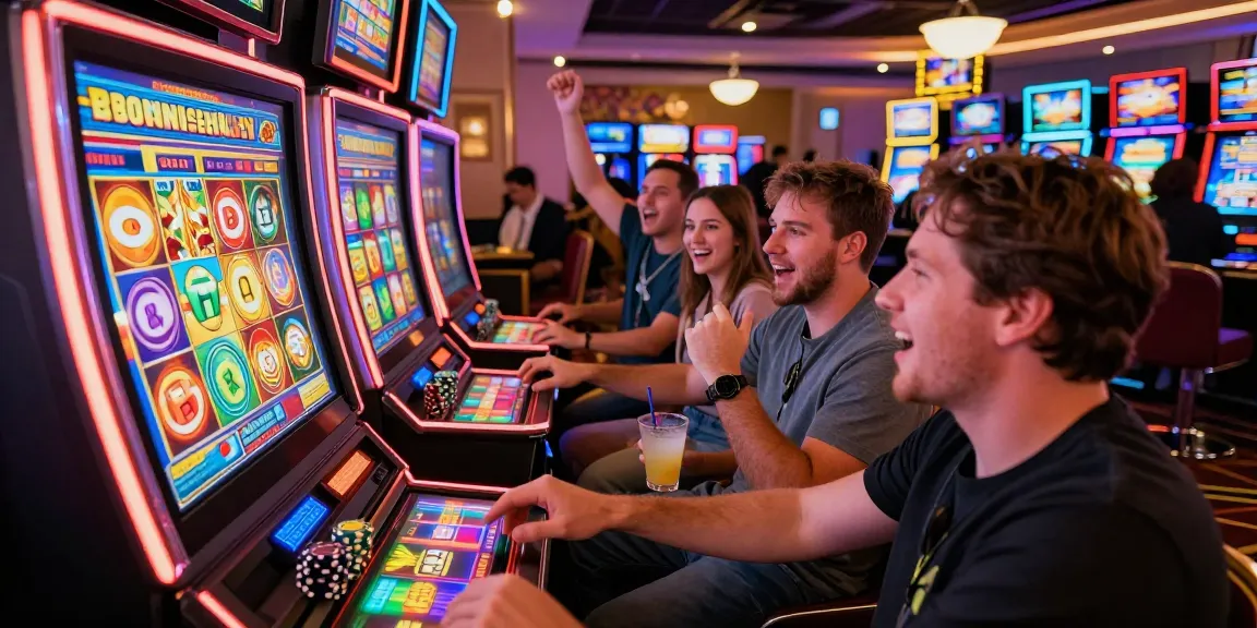 Exciting Bonus Buy Slots experience at https://trustresearch.org.uk/ with players celebrating wins in a colorful casino.