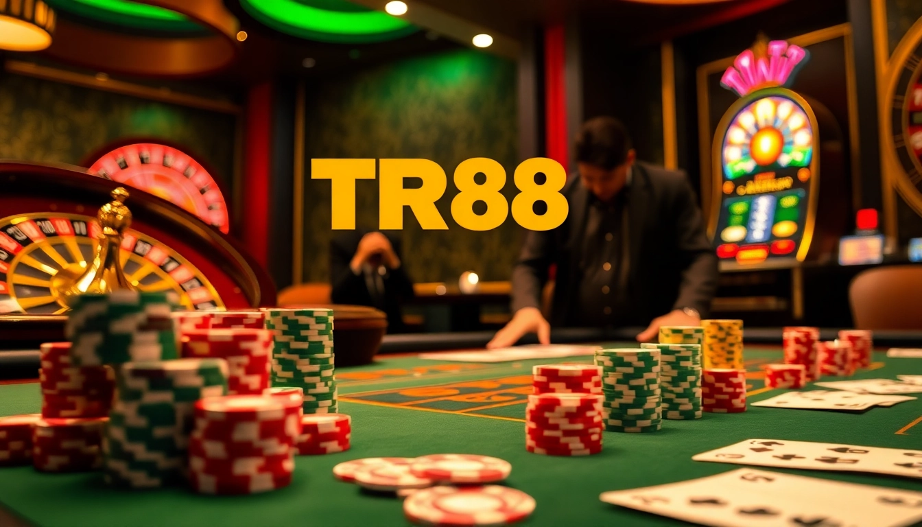 Experience the excitement of TR88 casino with vibrant tables, thrilling poker chips, and a roulette wheel.