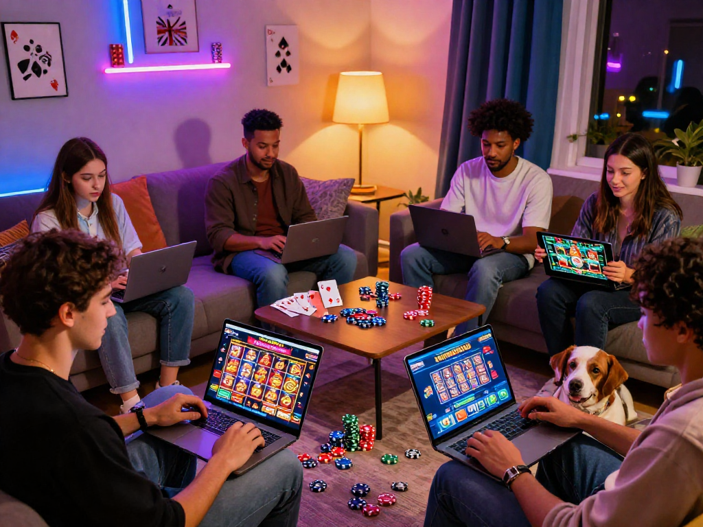 Vibrant scene of UK players exploring top rated EU casinos at home, showcasing diverse games and cozy atmosphere.