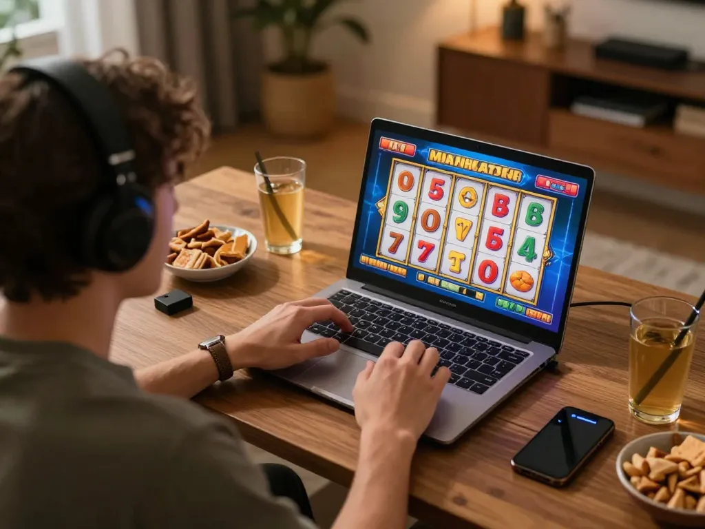 Player enjoying a mahjong slot game on a laptop, surrounded by cozy home elements.