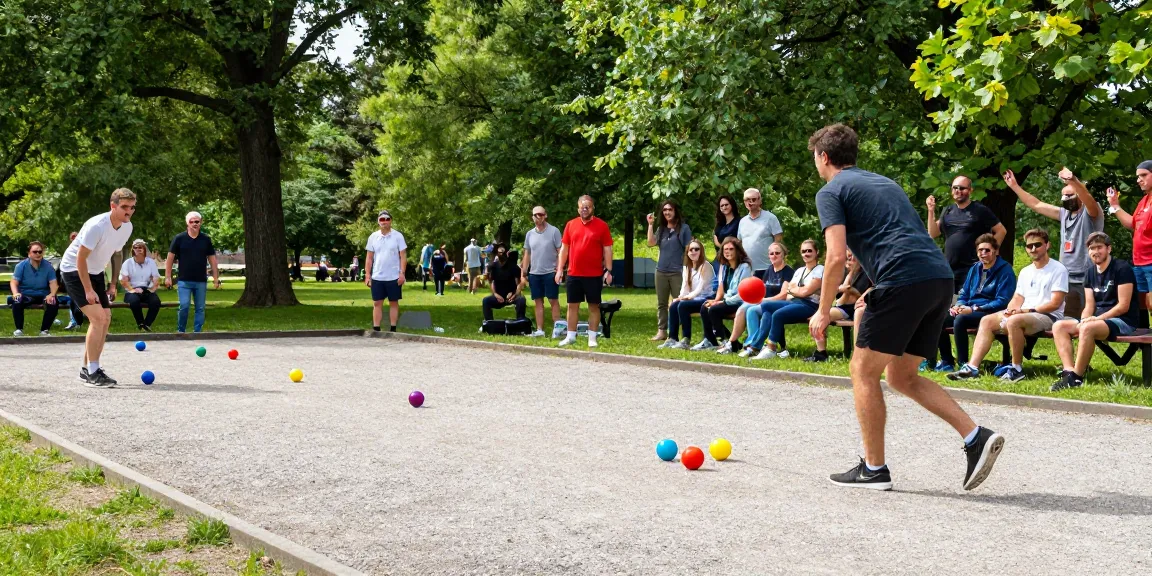 Suasana turnamen petanque di taman oleh fopikotagorontal.org dengan peserta beragam dan penonton bersorak.