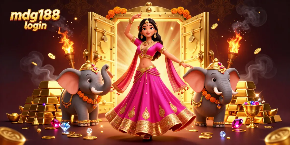 Experience seamless gameplay with mdg188 login as vibrant characters celebrate winnings amidst riches and jewels.