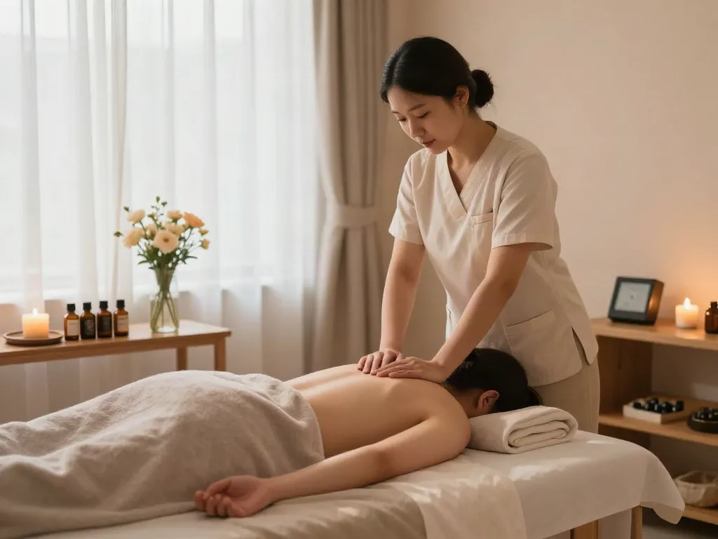 Experience peaceful 대치동출장마사지 in a tranquil spa setting with soothing colors and soft lighting.