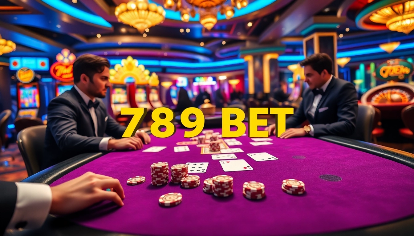 Players enjoy a thrilling poker game at a luxurious casino featuring 789 BET elements, vibrant ambiance.