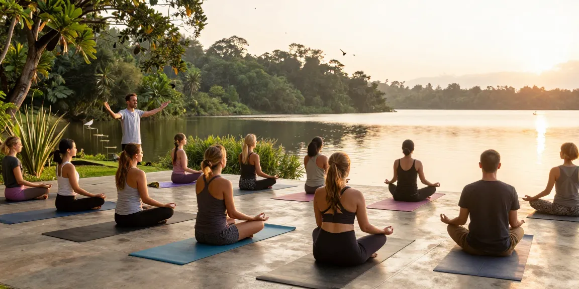 Participants practicing yoga during the YACEP yoga course sri lanka, serene lake view.