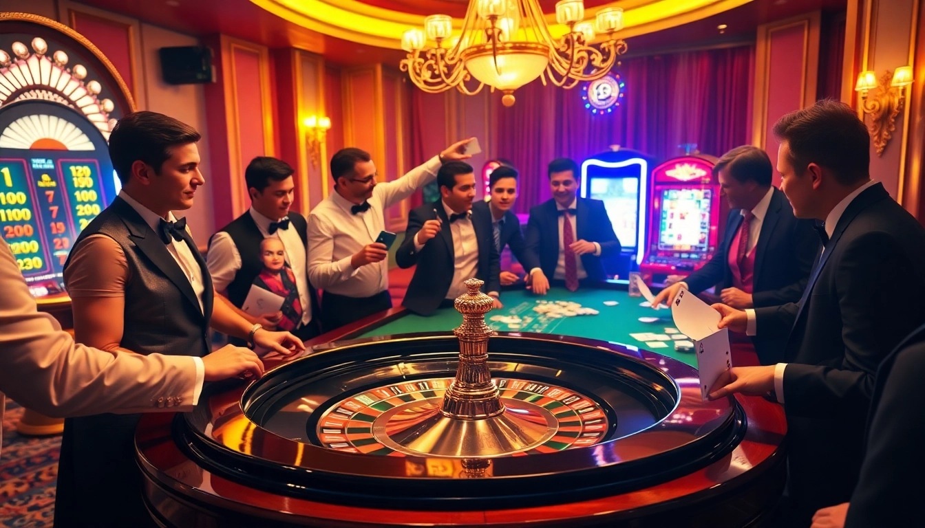 Une scène dynamique d'un casino en ligne France luxueux montrant l'excitation autour d'une table de roulette.