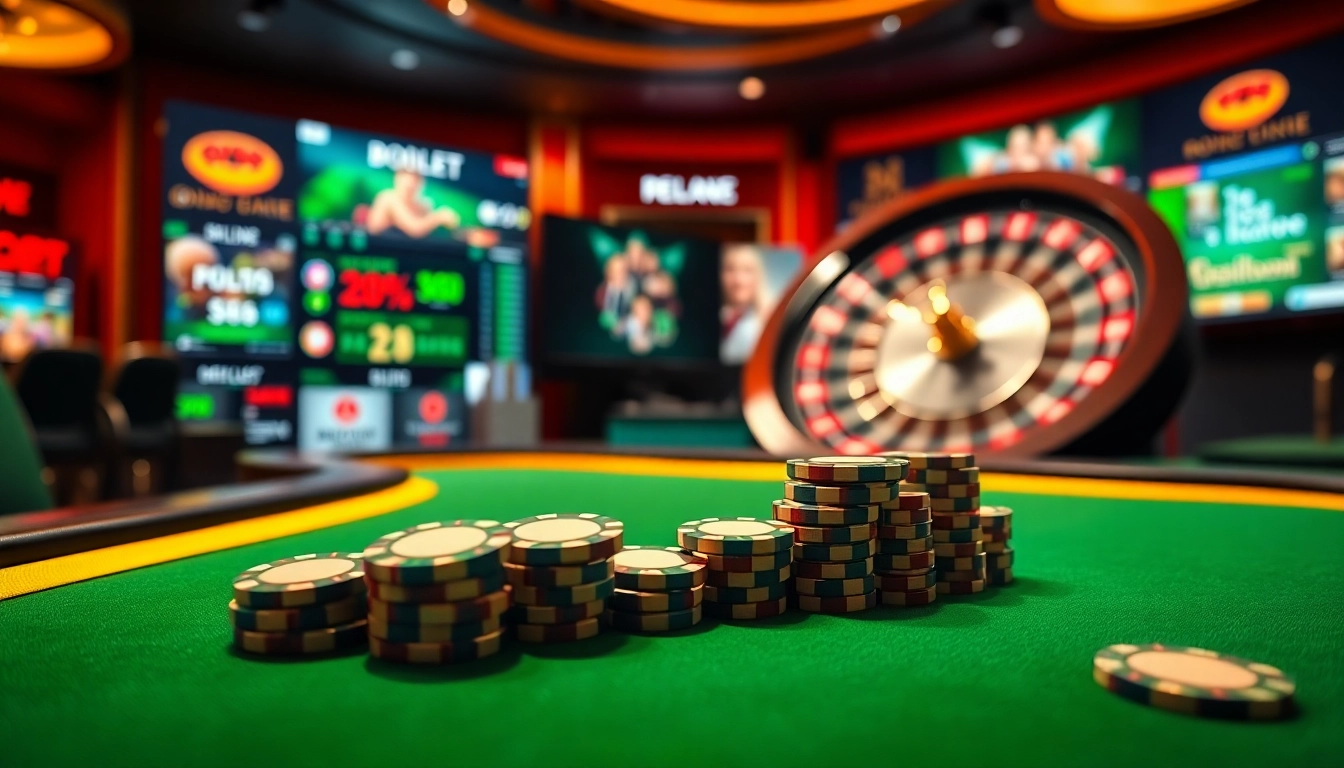 Playing good88 bet at a luxurious online casino with poker chips and a roulette wheel.