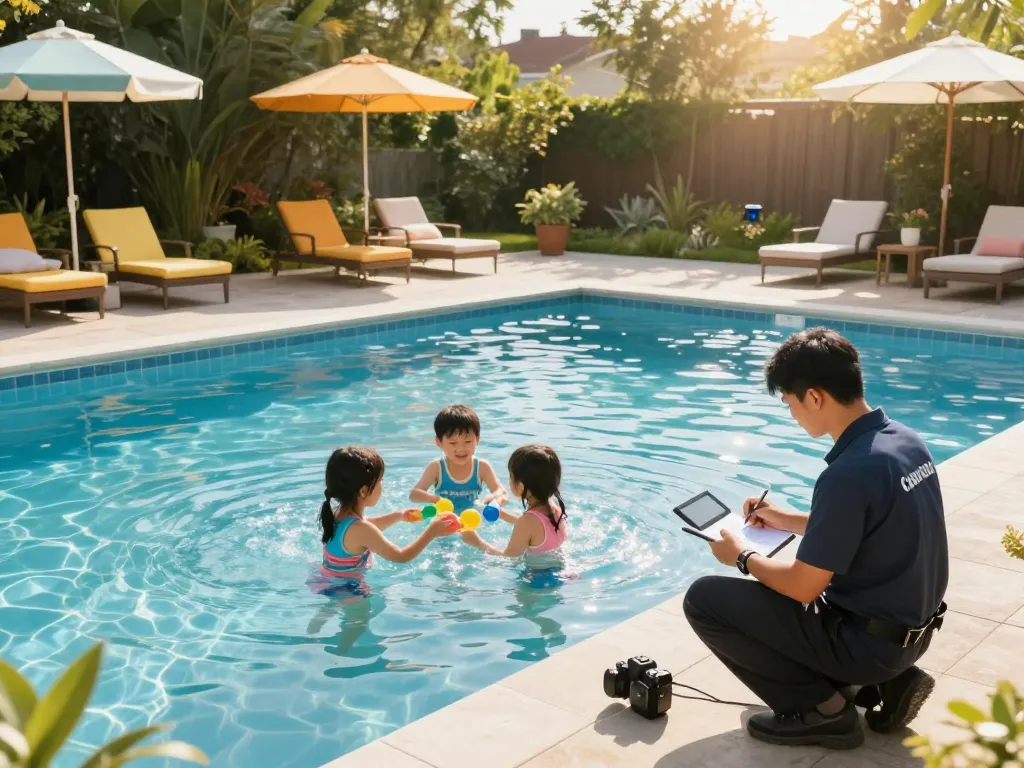 Dolphin Pool Services showcases a family enjoying their well-maintained pool with a certified operator ensuring quality care.