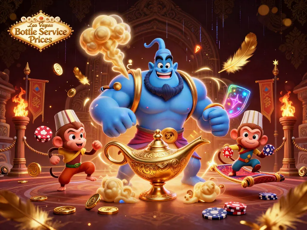Engage with Las Vegas Bottle Service Prices through a vibrant illustration of a genie, a monkey, and poker chips.