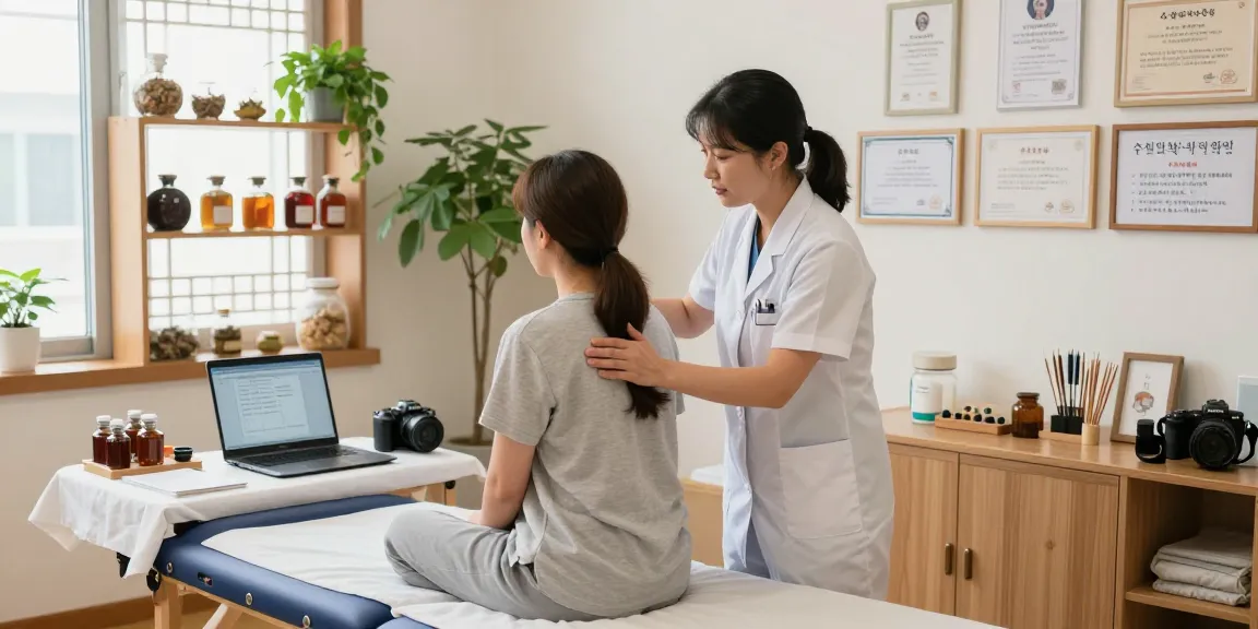 Compassionate treatment at 수원교통사고한의원 showcasing a doctor assessing patient recovery in a warm healing environment.