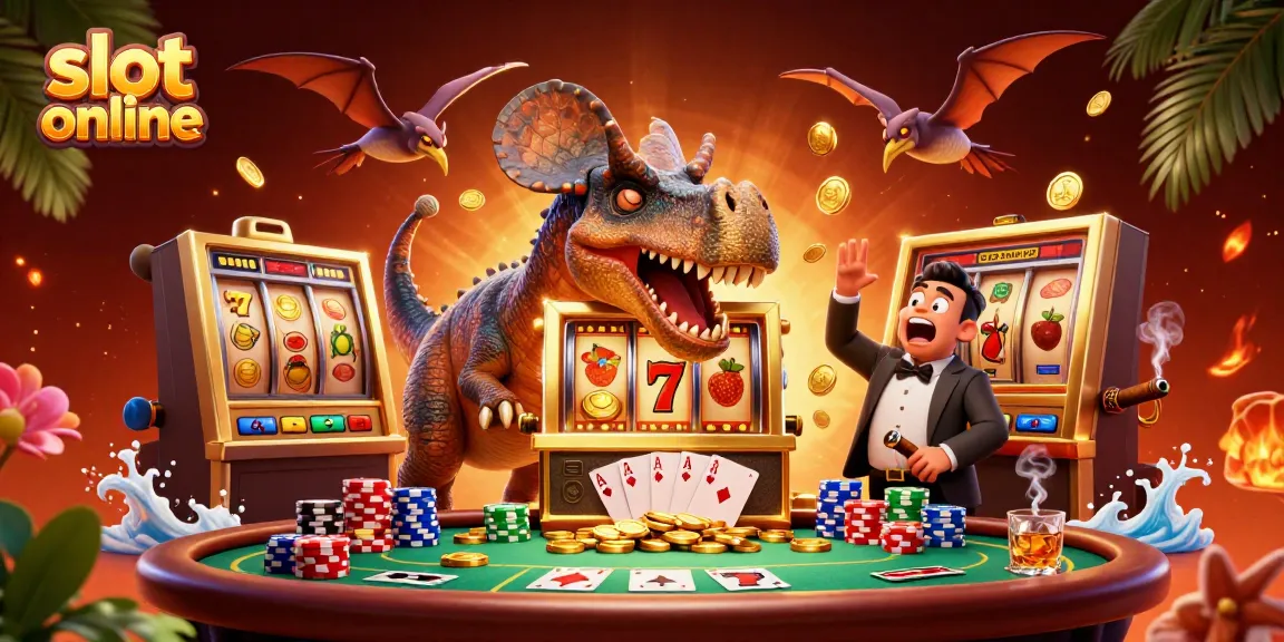 Pemain menangkan jackpot di slot online dengan pachycephalosaurus dan ankylosaurus dalam suasana kasino yang meriah.