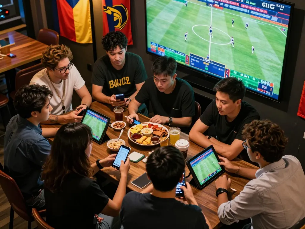 Engaging sports betting scene with friends using Canada online casinos reddit for real-time wagers during a game.