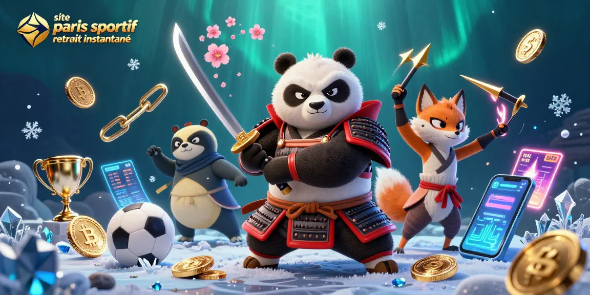 Retrait instantané de gains sur le site paris sportif retrait instantané avec un panda samouraï et un renard ninja.