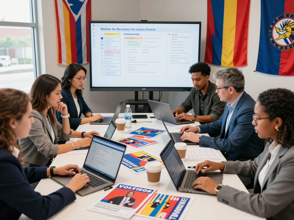 Campaign team analyzing data for political media buying commission strategies in a vibrant office.