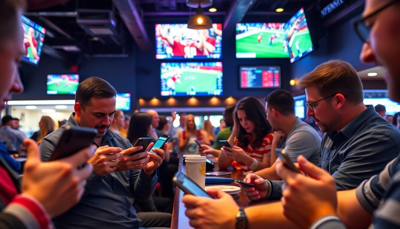 Patrons actively using sports betting apps South Carolina in a vibrant sports bar environment.