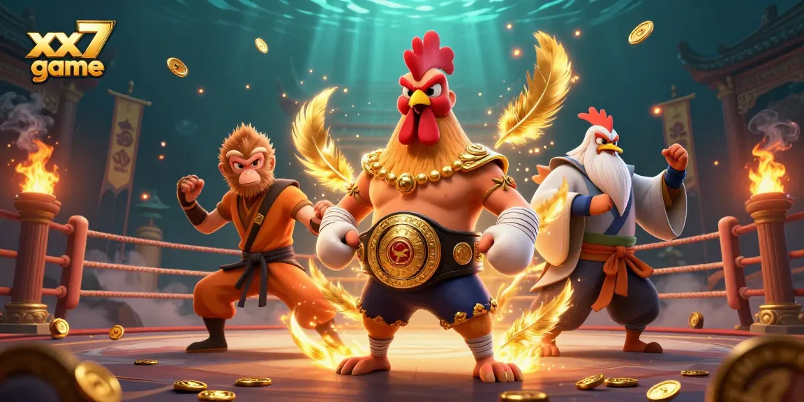 Experience the xx7 game with animated characters fighting amidst vibrant casino elements.