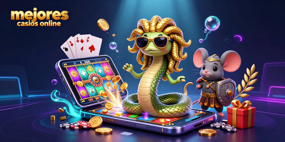 Mejores casinos online: Disfruta de juegos con Medusa y un guerrero ratón en un entorno vibrante.