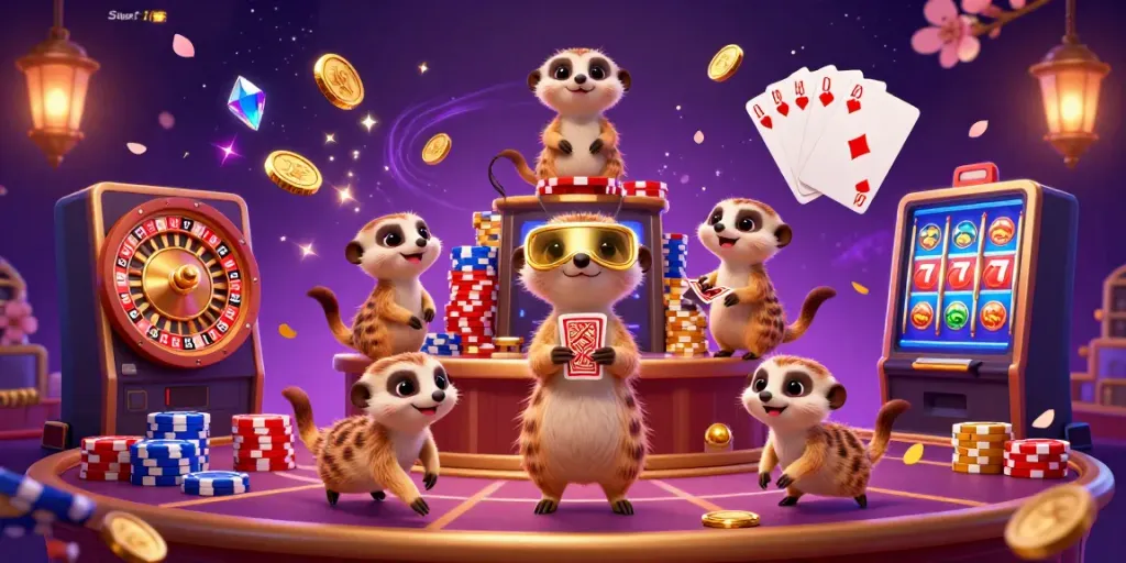 Situs Super138 gaming scene with meerkats overseeing casino operations, showcasing winning strategies and excitement.