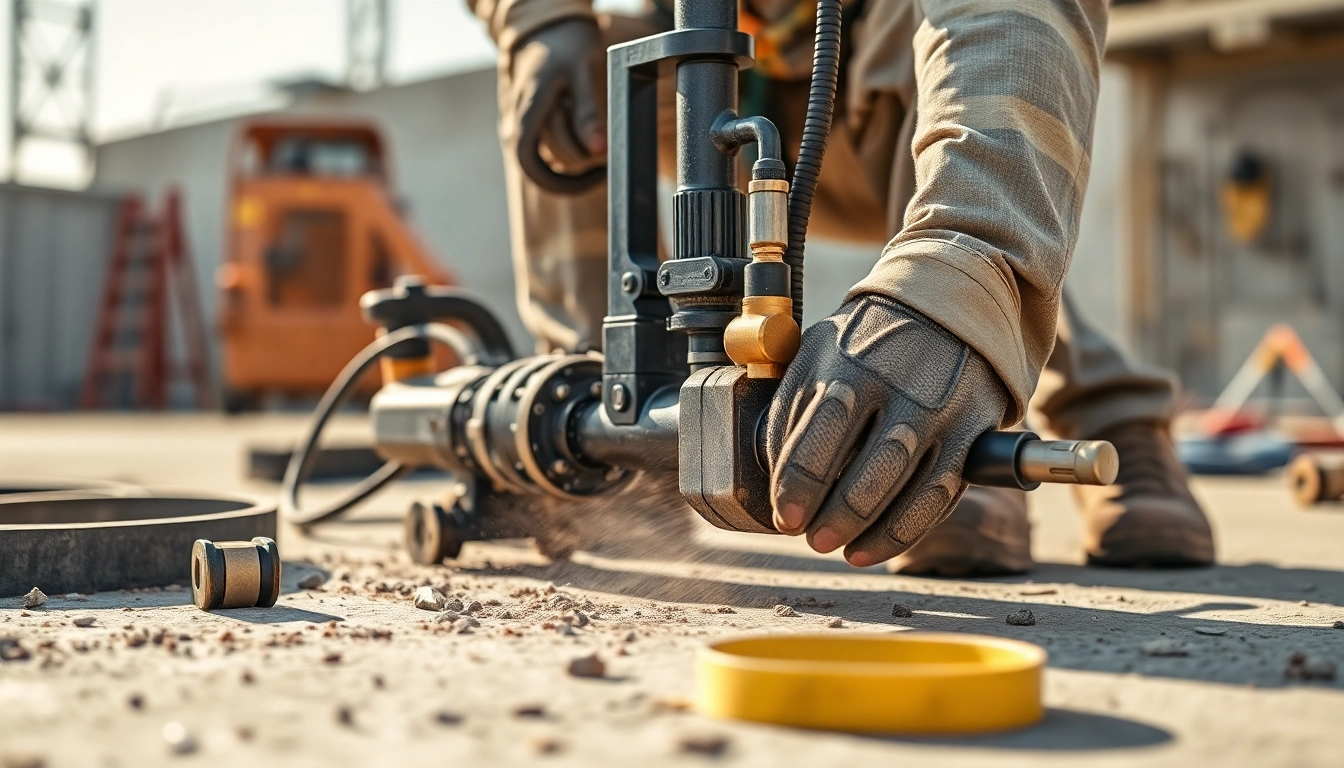 Fresas perforadoras en acción, un trabajador usa fresas perforadoras en una obra de construcción.