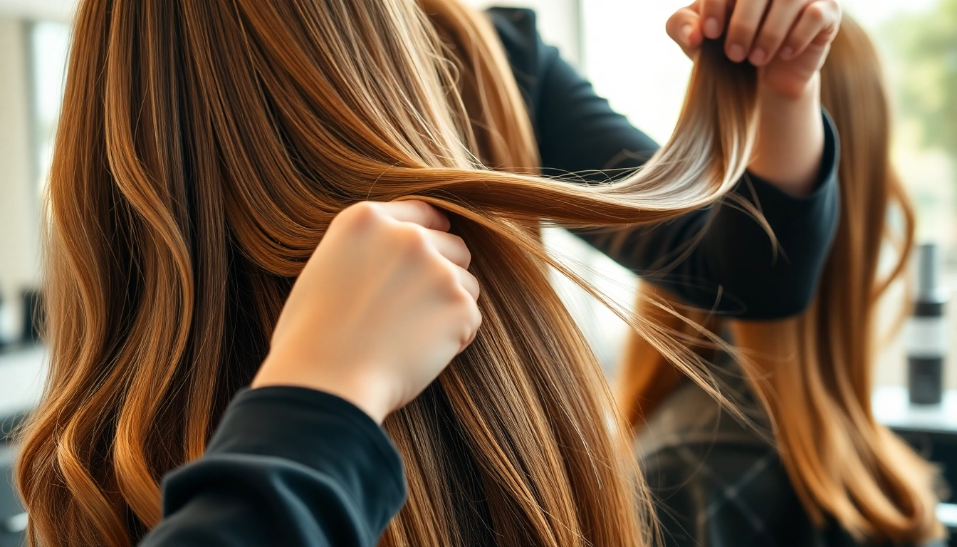 Apply genius weft hair extensions with expert precision in a modern salon.