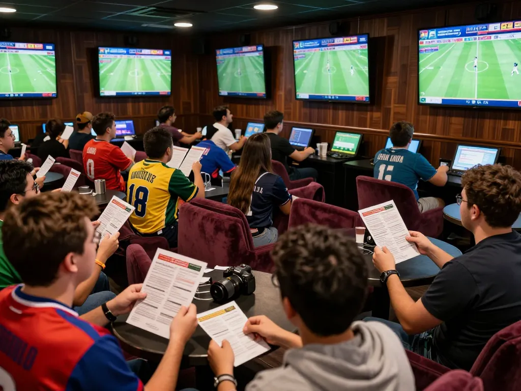Fans excitedly betting on Kết quả bóng đá in a lively sports lounge with screens displaying matches.