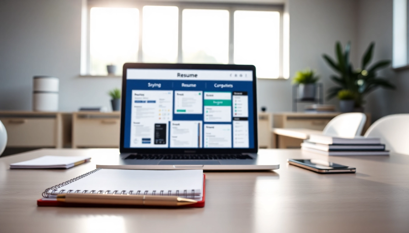 Innovative resume builder design showcases templates on a laptop, encouraging professional growth.