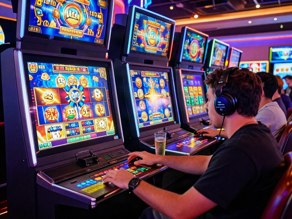 Player immersed in slot kamboja game surrounded by vibrant casino lights and engaging graphics.